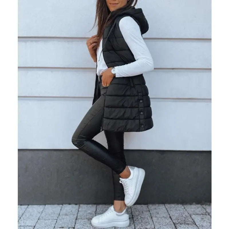 Women's Long Solid-Color Hooded Sleeveless Down Vest