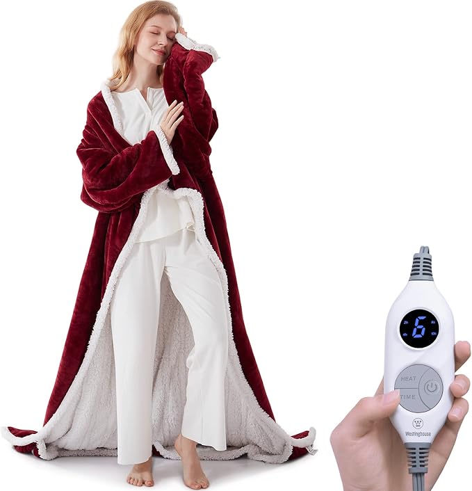🔥Wearable Heated Blanket with Foot Pocket Sherpa🔥Overheat Protection & Auto Shut-Off