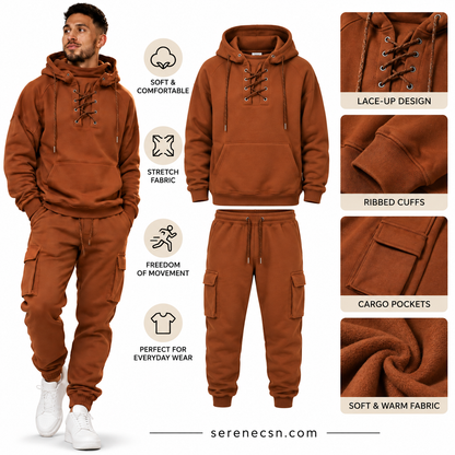 Men's Lace-Up Hoodie & Cargo Jogger Set – Soft Casual Tracksuit