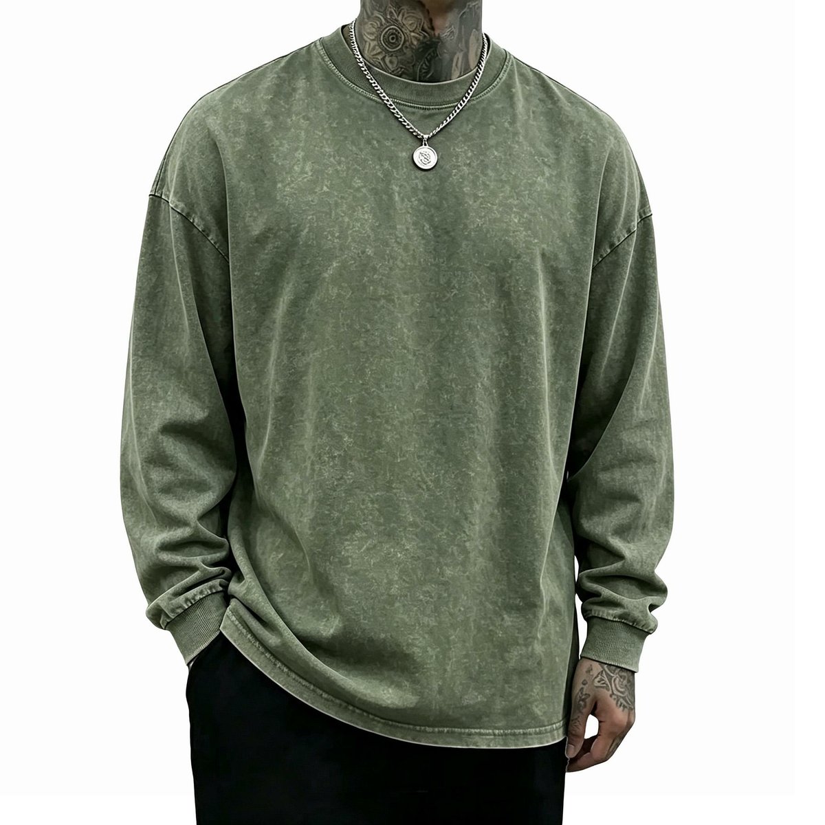 Men's Oversized Washed Distressed Cotton Long-Sleeve Crewneck T-Shirt