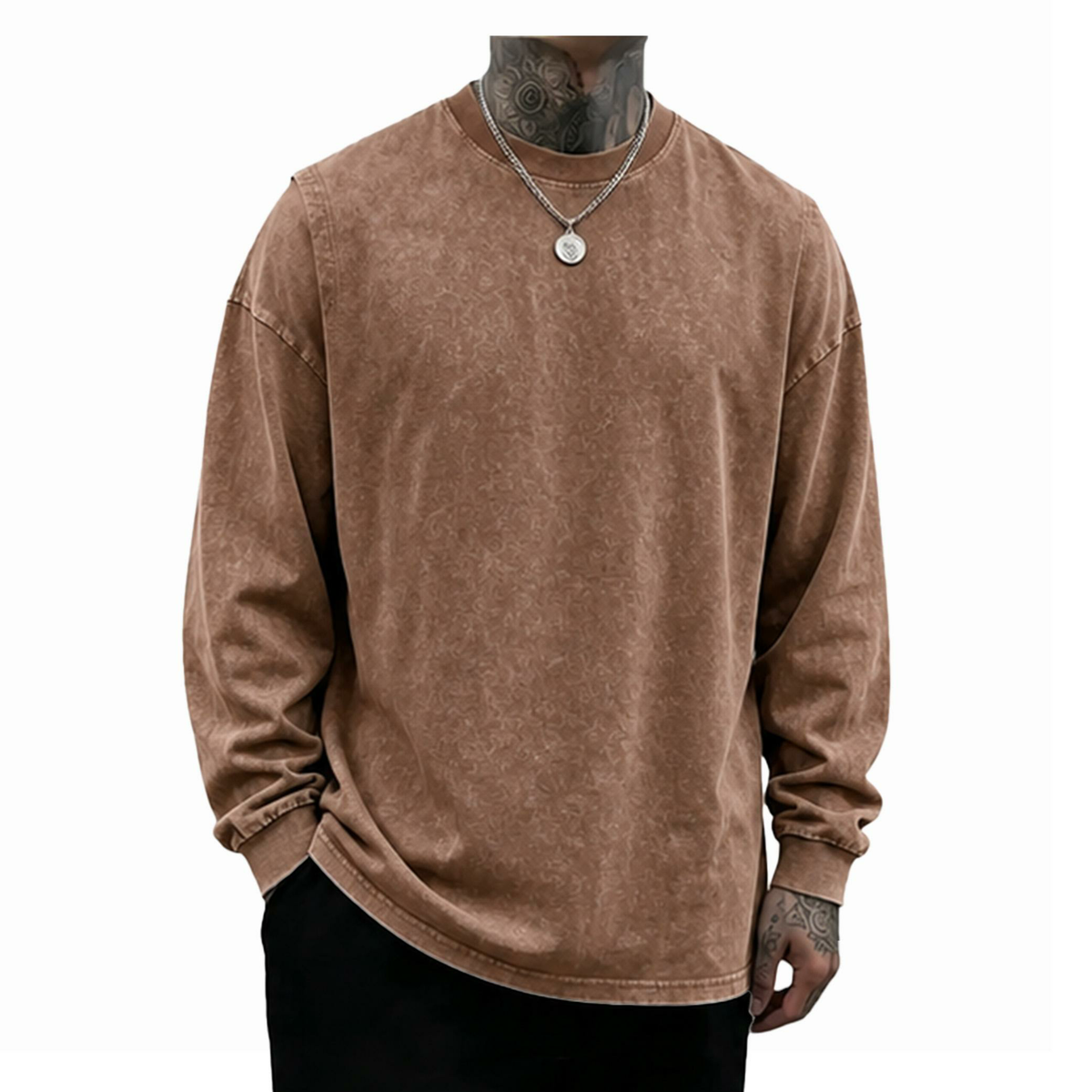 Men's Oversized Washed Distressed Cotton Long-Sleeve Crewneck T-Shirt
