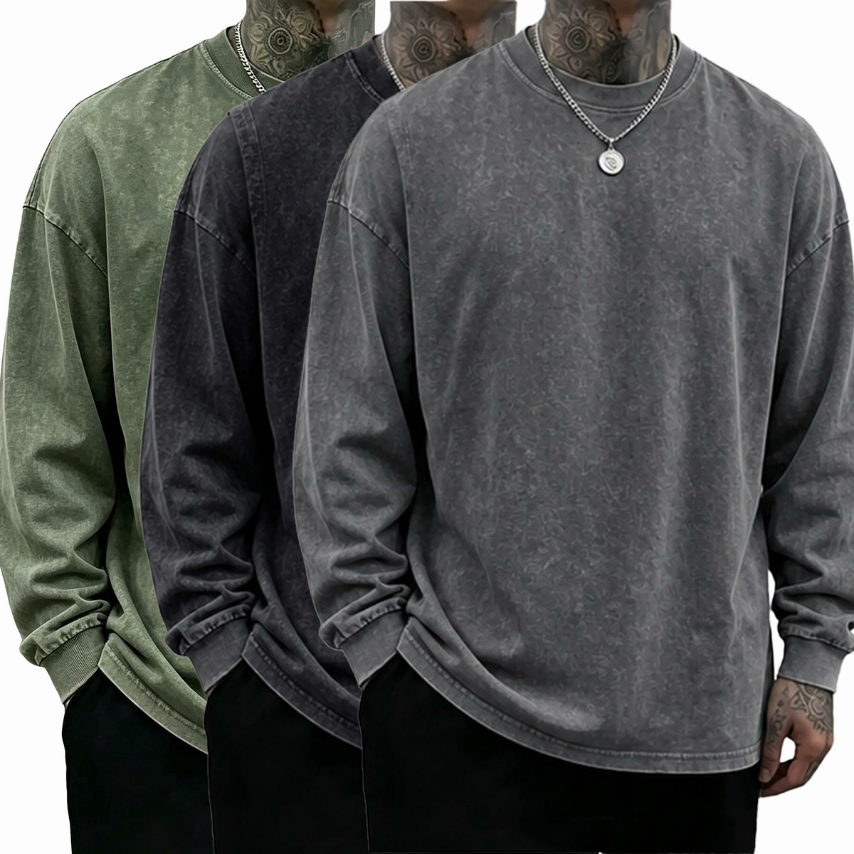 Men's Oversized Washed Distressed Cotton Long-Sleeve Crewneck T-Shirt