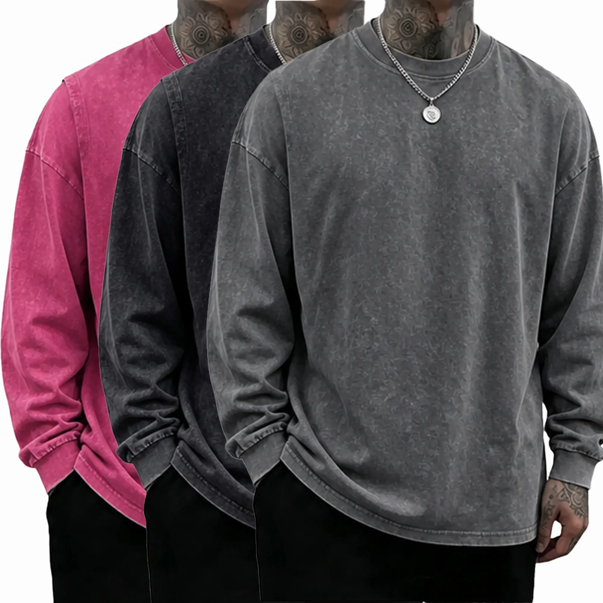 Men's Oversized Washed Distressed Cotton Long-Sleeve Crewneck T-Shirt