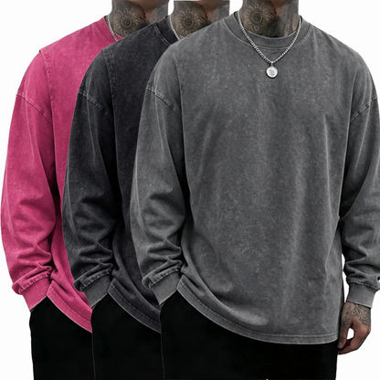 Men's Oversized Washed Distressed Cotton Long-Sleeve Crewneck T-Shirt