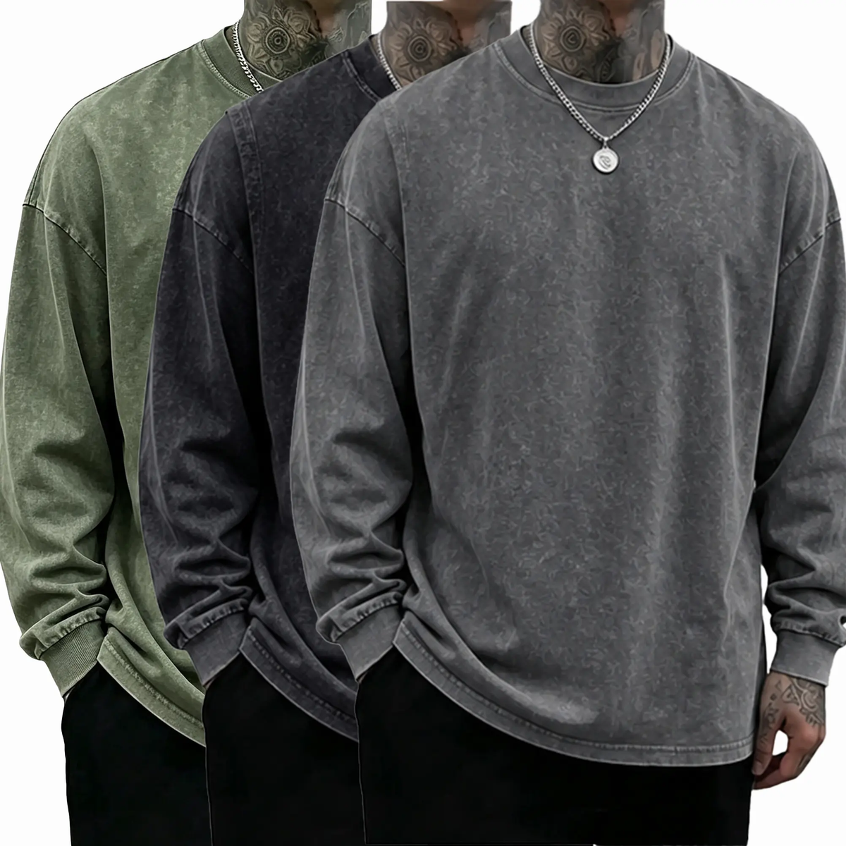 Men's Oversized Washed Distressed Cotton Long-Sleeve Crewneck T-Shirt