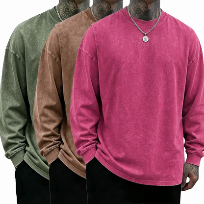 Men's Oversized Washed Distressed Cotton Long-Sleeve Crewneck T-Shirt