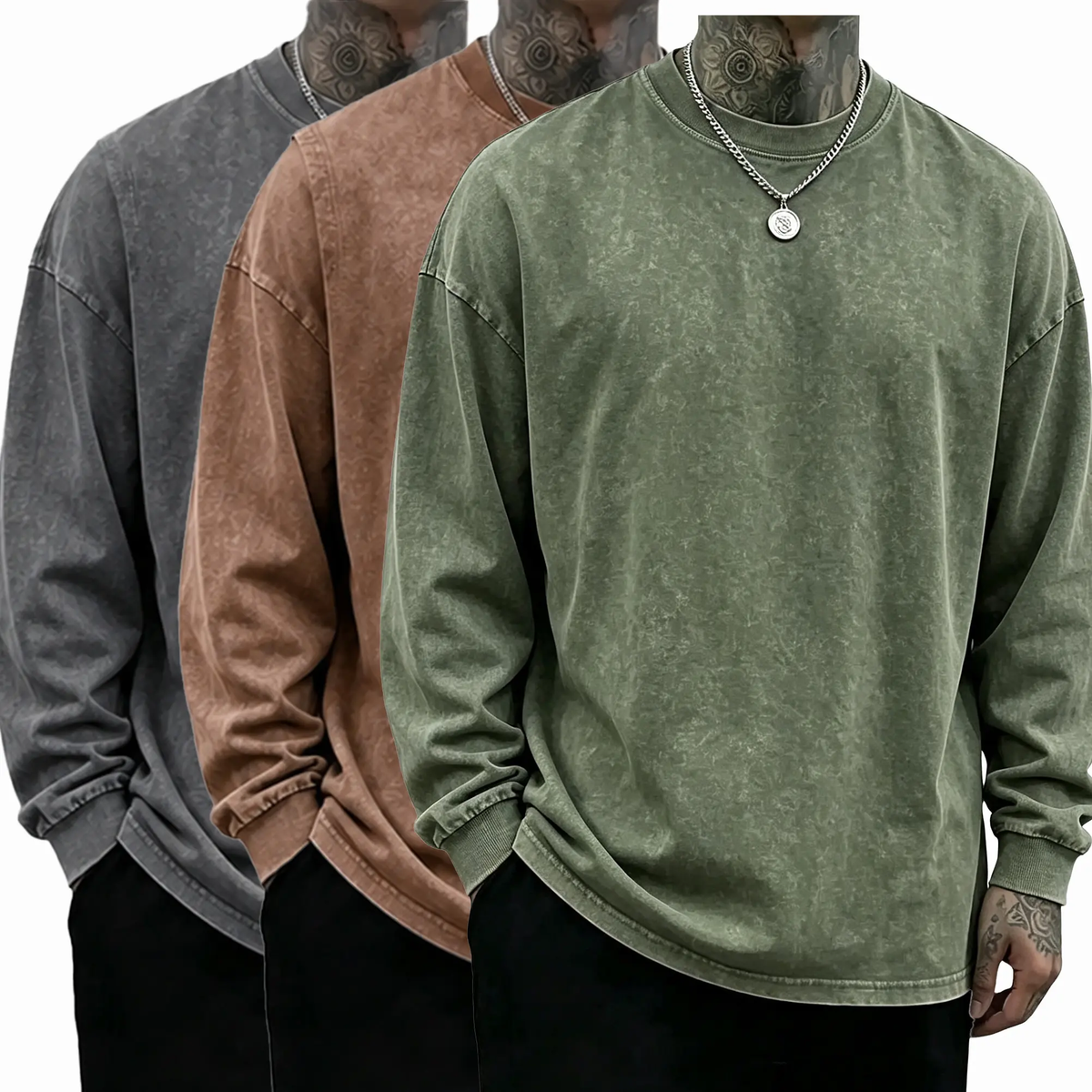 Men's Oversized Washed Distressed Cotton Long-Sleeve Crewneck T-Shirt