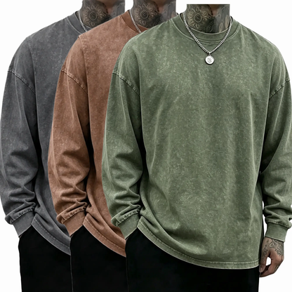 Men's Oversized Washed Distressed Cotton Long-Sleeve Crewneck T-Shirt