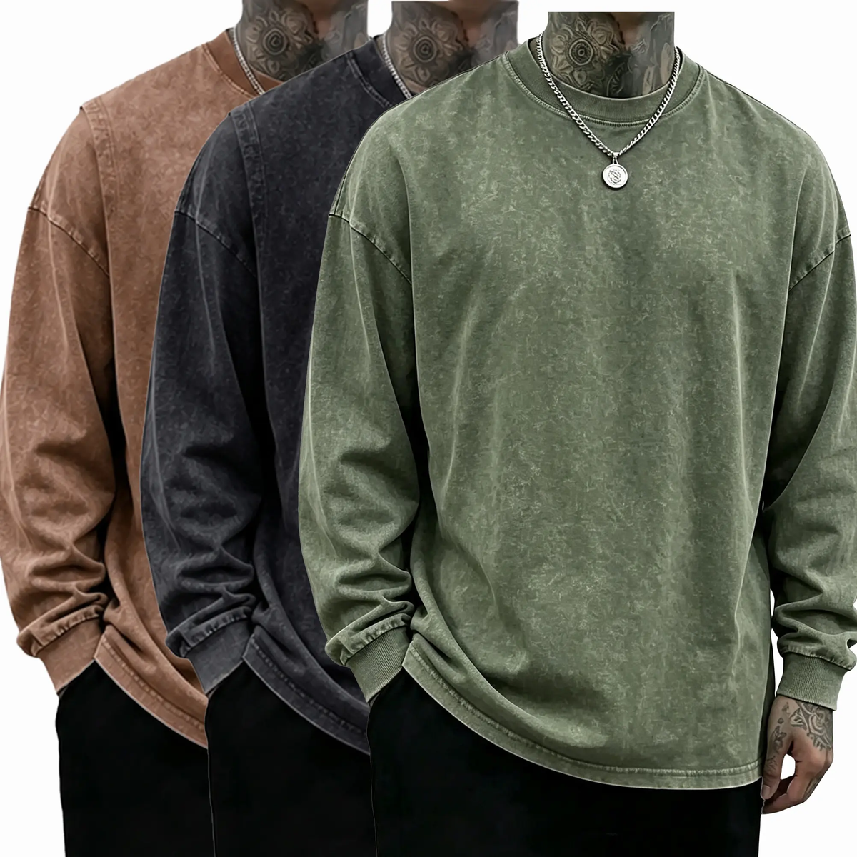 Men's Oversized Washed Distressed Cotton Long-Sleeve Crewneck T-Shirt