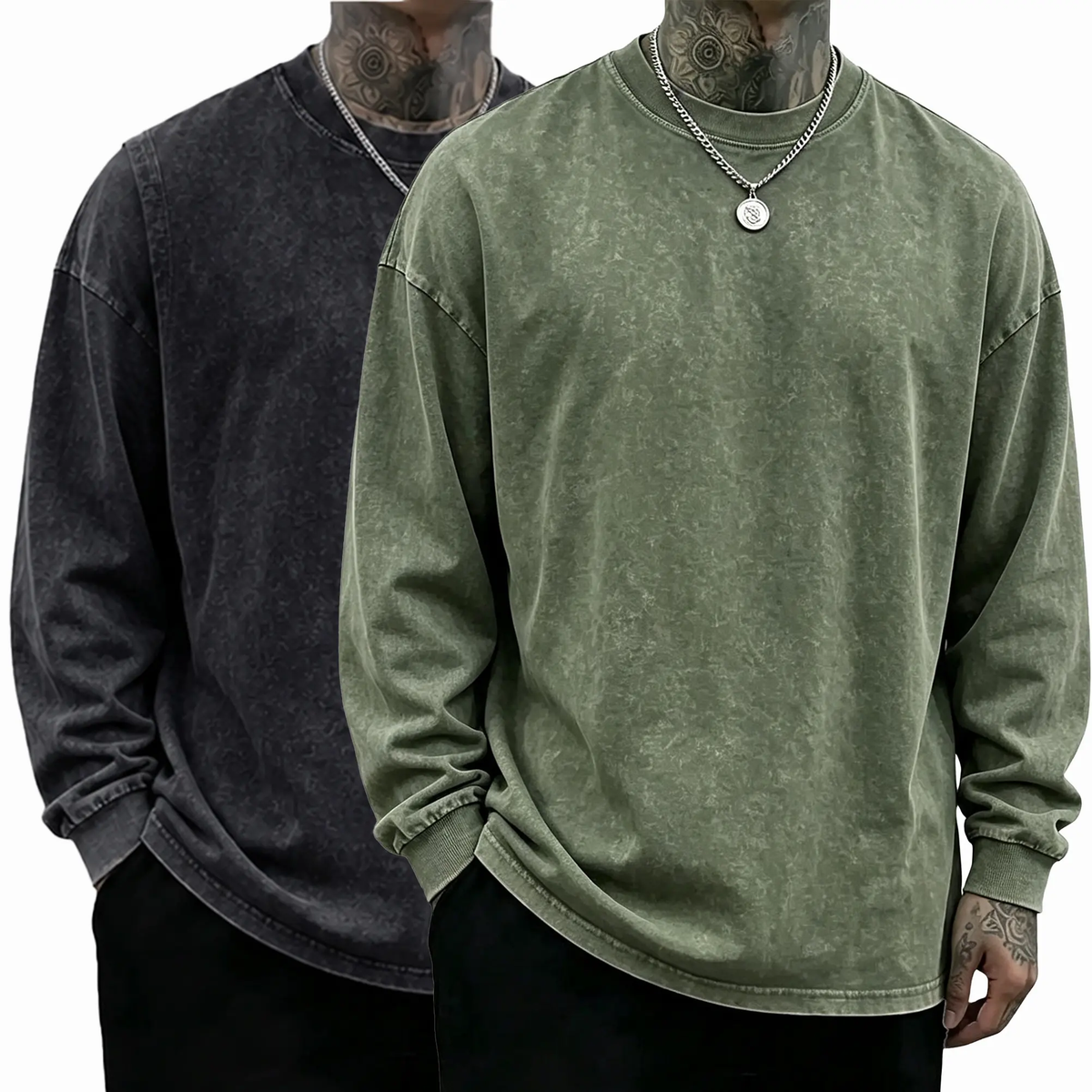 Men's Oversized Washed Distressed Cotton Long-Sleeve Crewneck T-Shirt