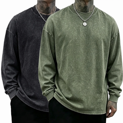 Men's Oversized Washed Distressed Cotton Long-Sleeve Crewneck T-Shirt