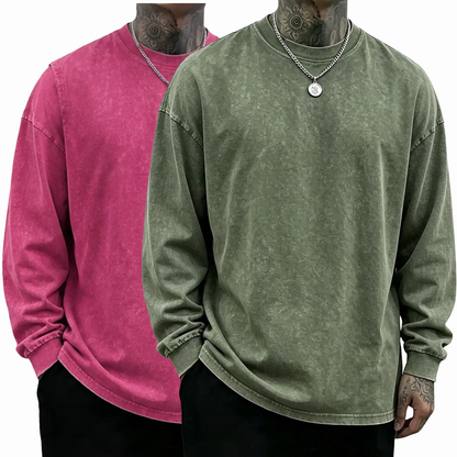 Men's Oversized Washed Distressed Cotton Long-Sleeve Crewneck T-Shirt