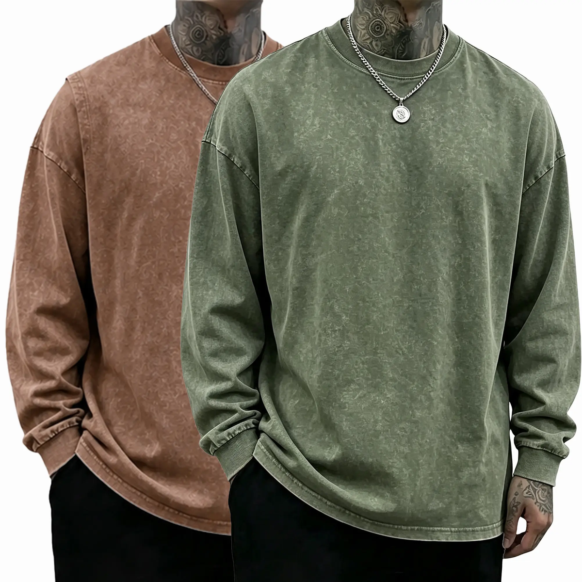 Men's Oversized Washed Distressed Cotton Long-Sleeve Crewneck T-Shirt