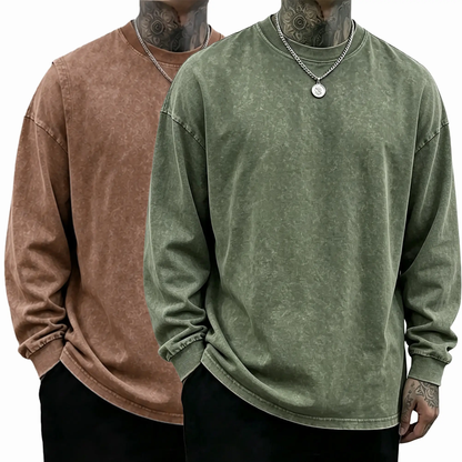 Men's Oversized Washed Distressed Cotton Long-Sleeve Crewneck T-Shirt