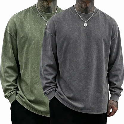 Men's Oversized Washed Distressed Cotton Long-Sleeve Crewneck T-Shirt