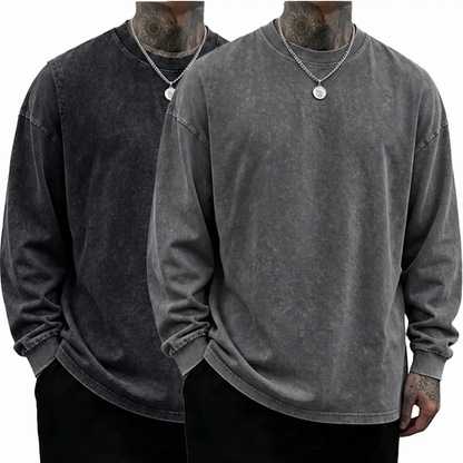 Men's Oversized Washed Distressed Cotton Long-Sleeve Crewneck T-Shirt