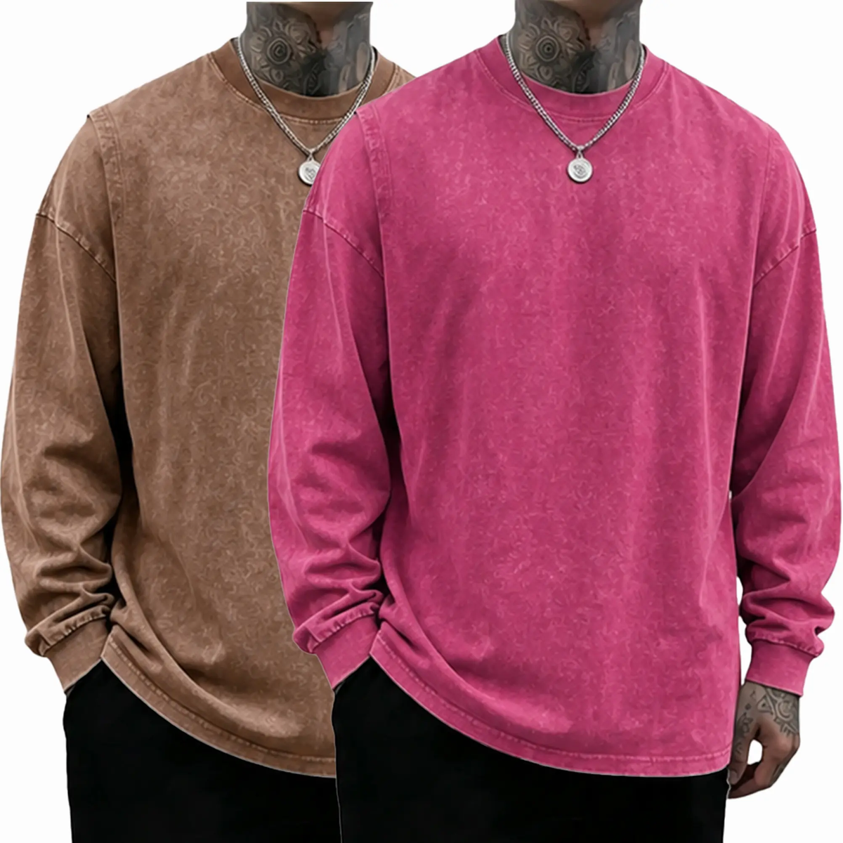 Men's Oversized Washed Distressed Cotton Long-Sleeve Crewneck T-Shirt