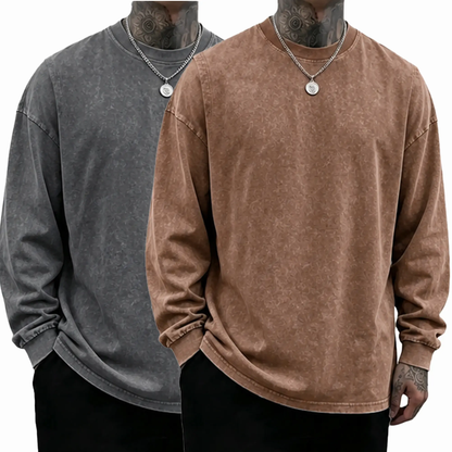 Men's Oversized Washed Distressed Cotton Long-Sleeve Crewneck T-Shirt
