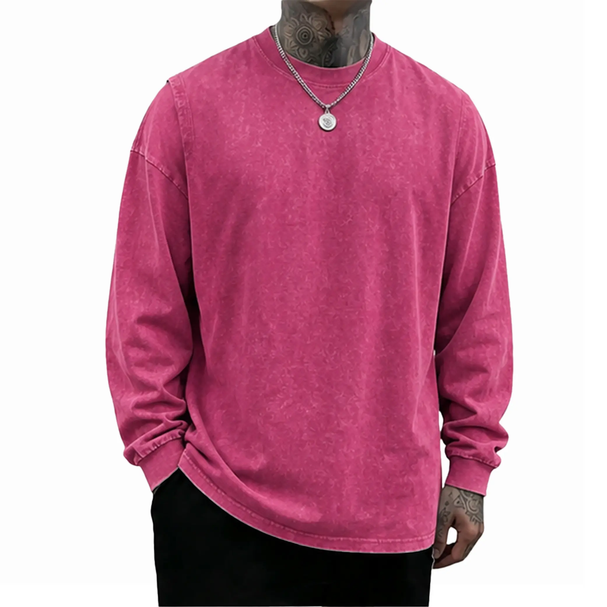 Men's Oversized Washed Distressed Cotton Long-Sleeve Crewneck T-Shirt
