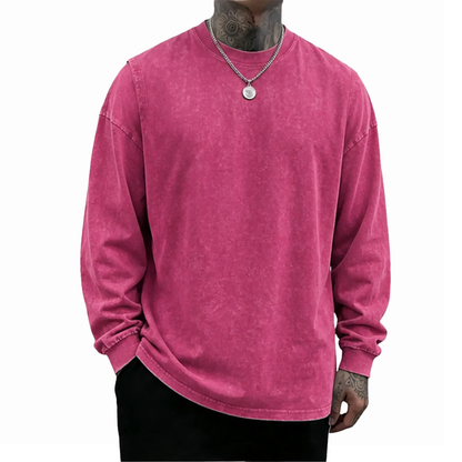 Men's Oversized Washed Distressed Cotton Long-Sleeve Crewneck T-Shirt