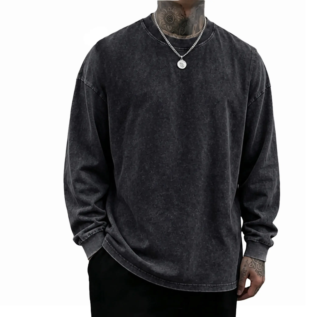Men's Oversized Washed Distressed Cotton Long-Sleeve Crewneck T-Shirt