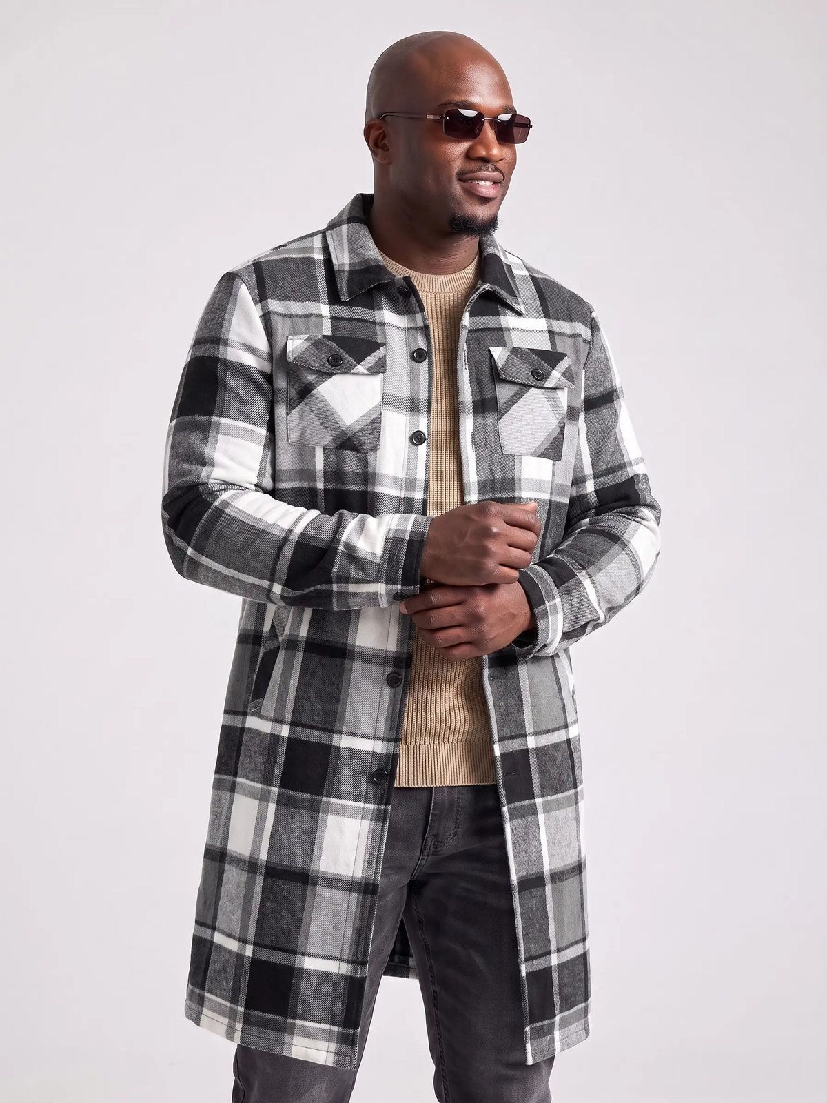 Men’s Plaid Longline Coat – Casual Button-Up Jacket