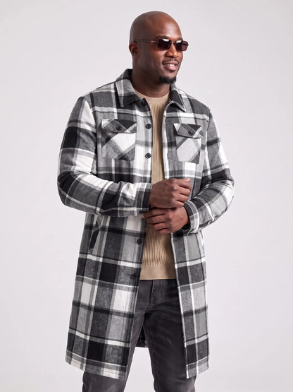 Men’s Plaid Longline Coat – Casual Button-Up Jacket