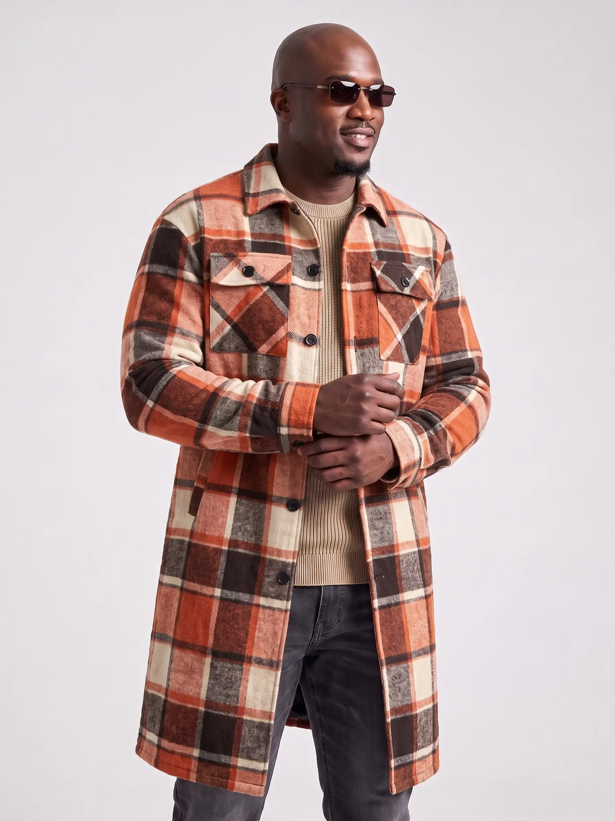 Men’s Plaid Longline Coat – Casual Button-Up Jacket