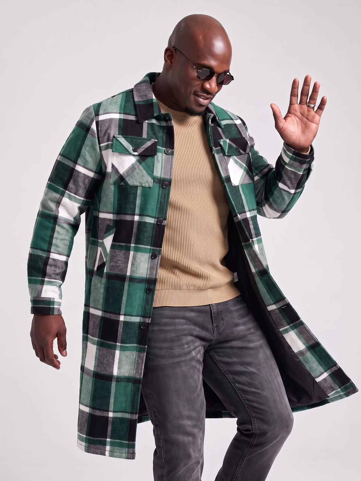 Men’s Plaid Longline Coat – Casual Button-Up Jacket