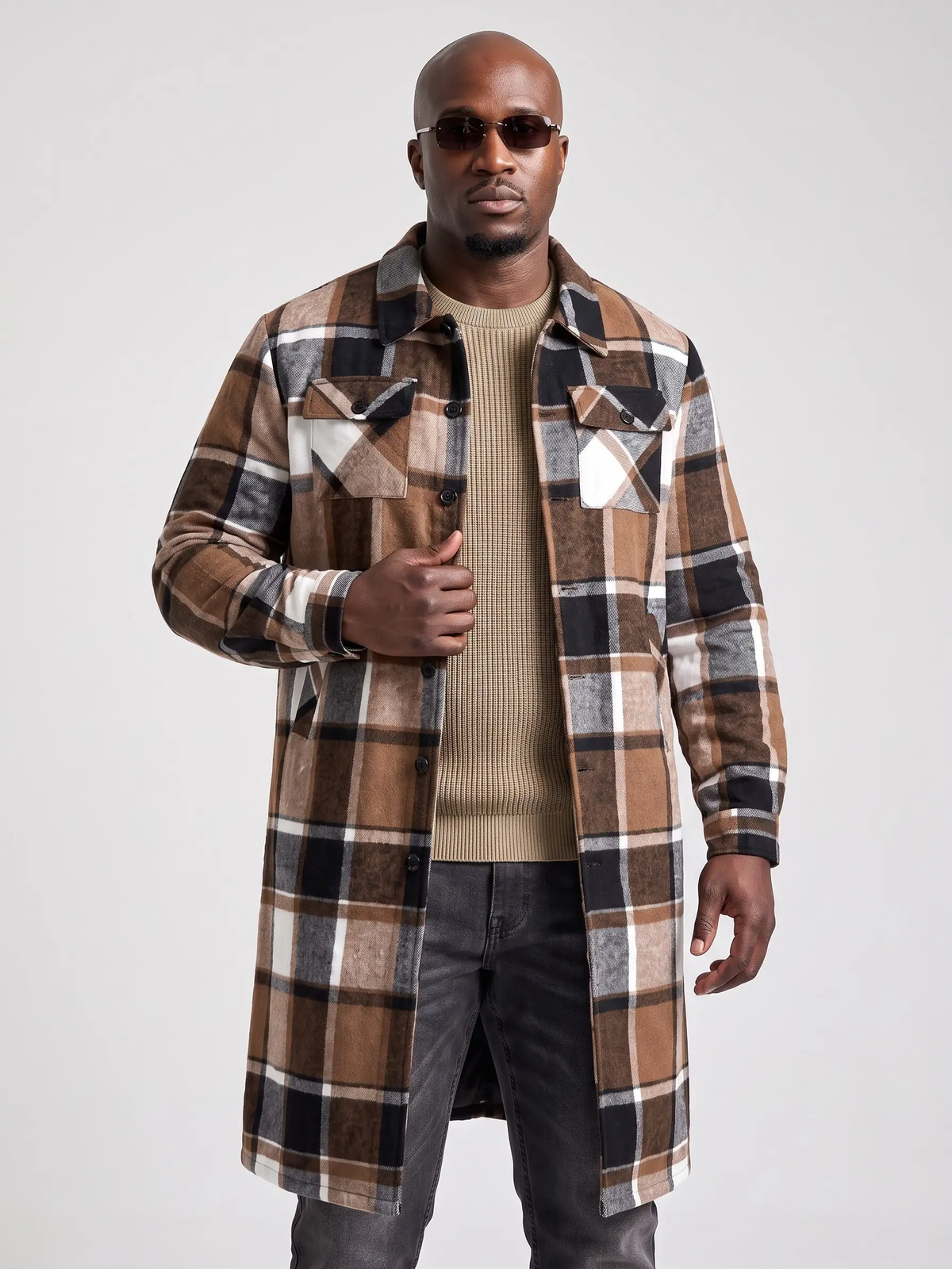 Men’s Plaid Longline Coat – Casual Button-Up Jacket