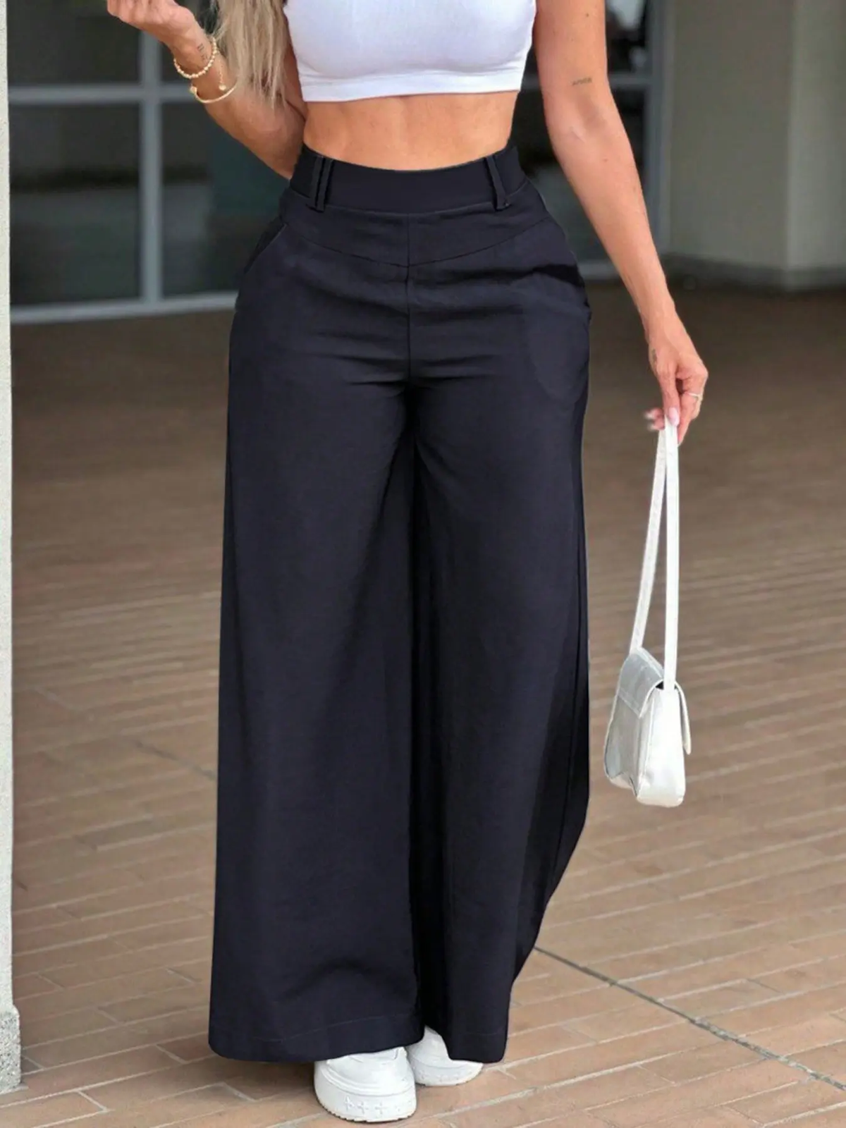 Basic Style Casual Versatile Straight Leg High Waist Flowy Wide Leg Pants