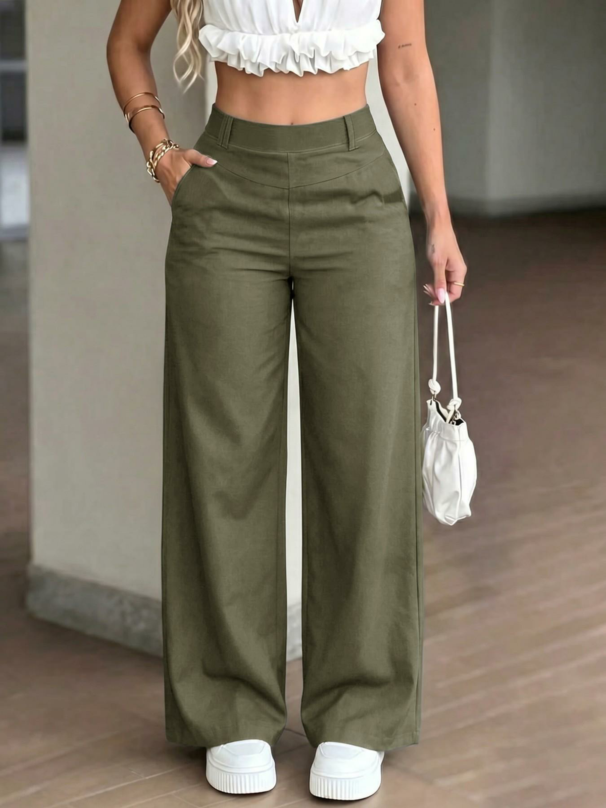 Basic Style Casual Versatile Straight Leg High Waist Flowy Wide Leg Pants
