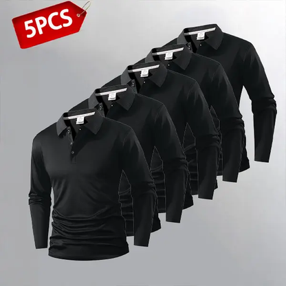 Men’s Lightweight Long Sleeve Polo Shirt Set of 5 in Multiple Colors