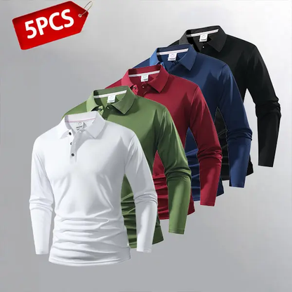 Men’s Lightweight Long Sleeve Polo Shirt Set of 5 in Multiple Colors