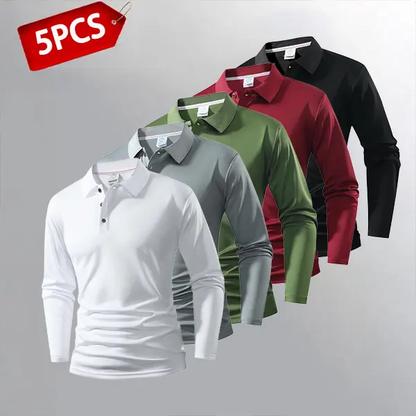Men’s Lightweight Long Sleeve Polo Shirt Set of 5 in Multiple Colors