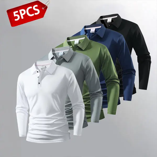 Men’s Lightweight Long Sleeve Polo Shirt Set of 5 in Multiple Colors
