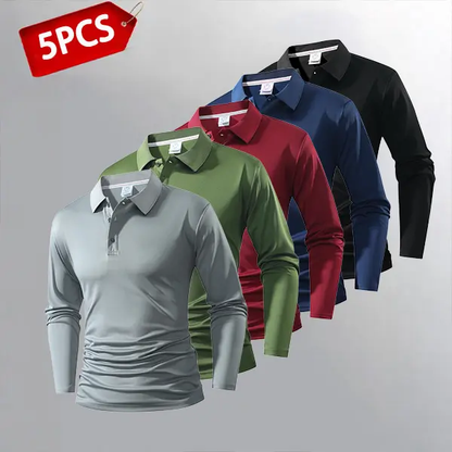 Men’s Lightweight Long Sleeve Polo Shirt Set of 5 in Multiple Colors
