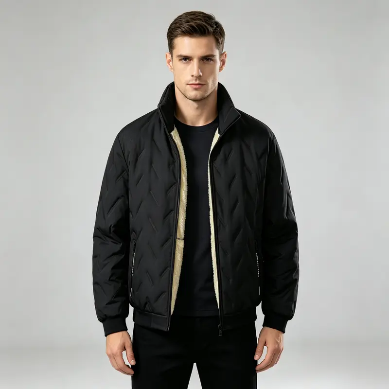 Men’s 2-Piece Solid Polyester Winter Plush-Lined Quilted Clothing Set
