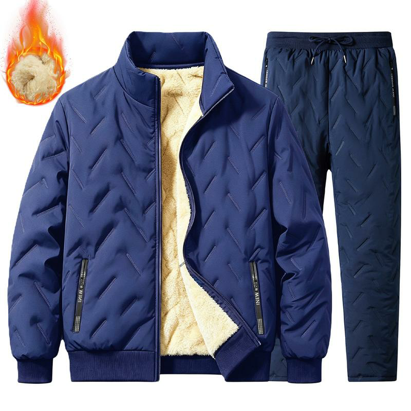 Men’s 2-Piece Solid Polyester Winter Plush-Lined Quilted Clothing Set