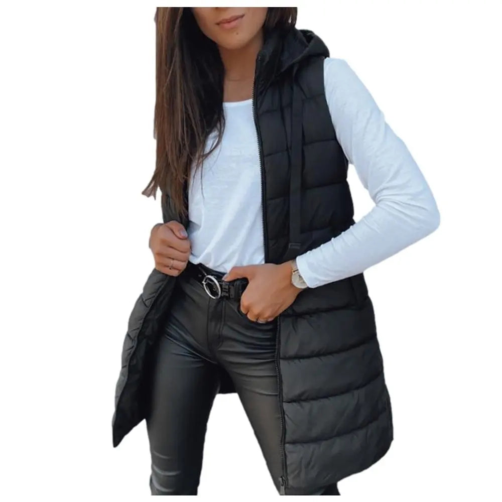Women's Long Solid-Color Hooded Sleeveless Down Vest