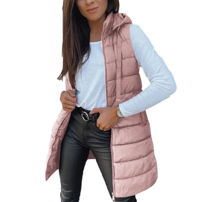 Women's Long Solid-Color Hooded Sleeveless Down Vest