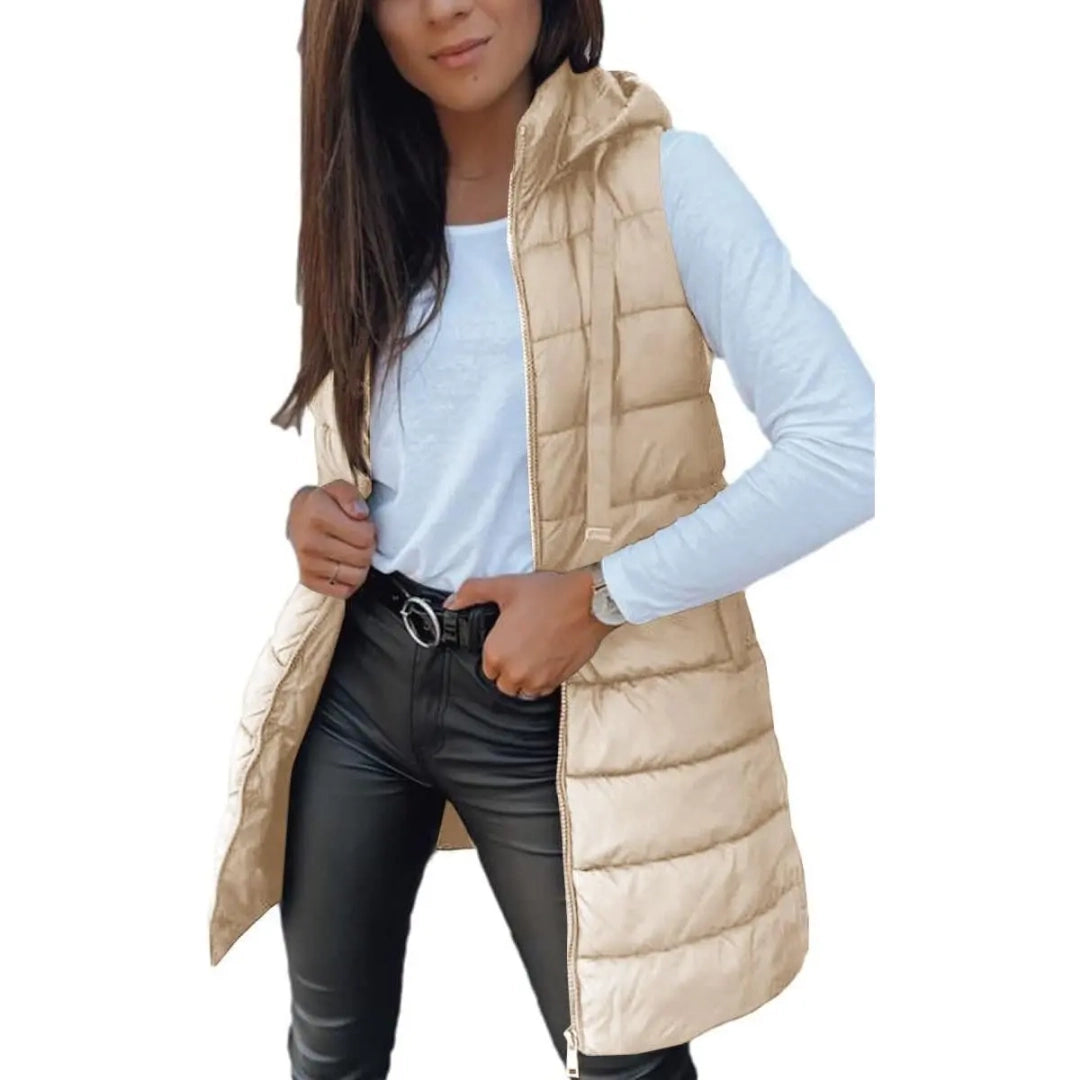 Women's Long Solid-Color Hooded Sleeveless Down Vest