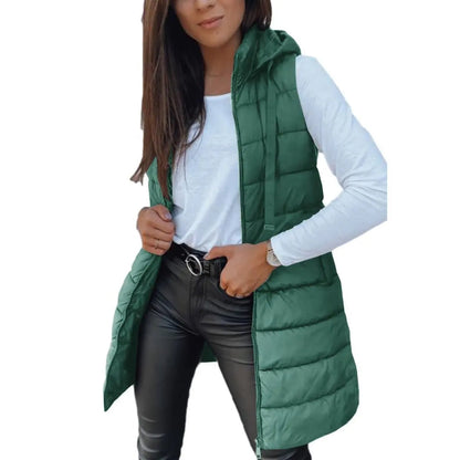 Women's Long Solid-Color Hooded Sleeveless Down Vest