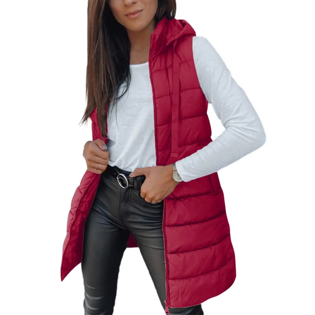 Women's Long Solid-Color Hooded Sleeveless Down Vest