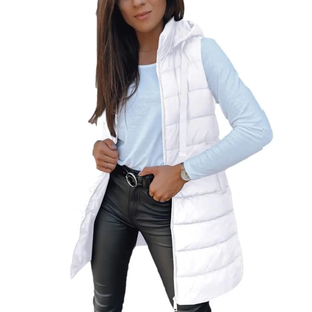 Women's Long Solid-Color Hooded Sleeveless Down Vest