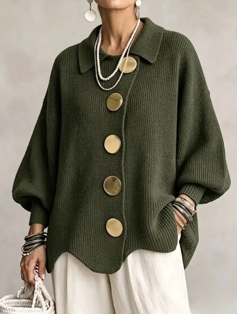 Olive green cardigan styled with light trousers