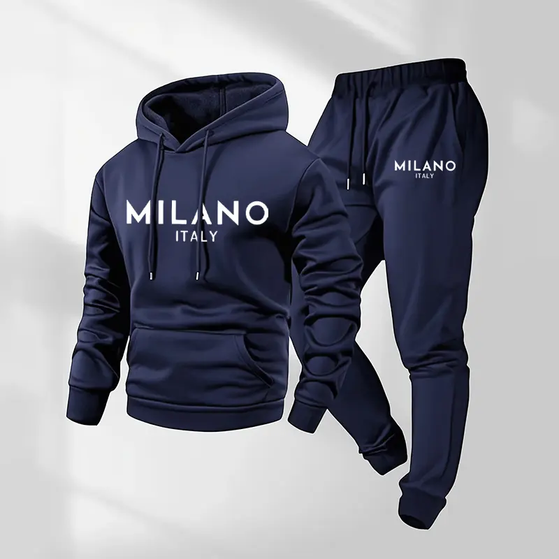 Men's Printed Hoodie and Drawstring Sweatpants Set