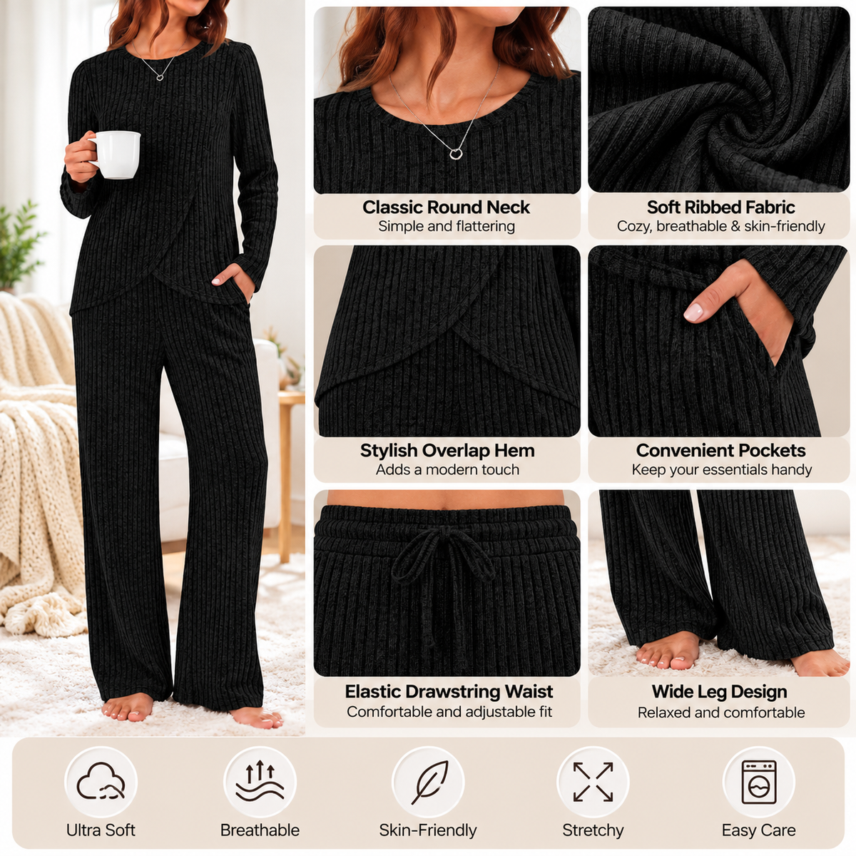 Loungewear detail guide showing ribbed texture, pockets, neckline and waistband