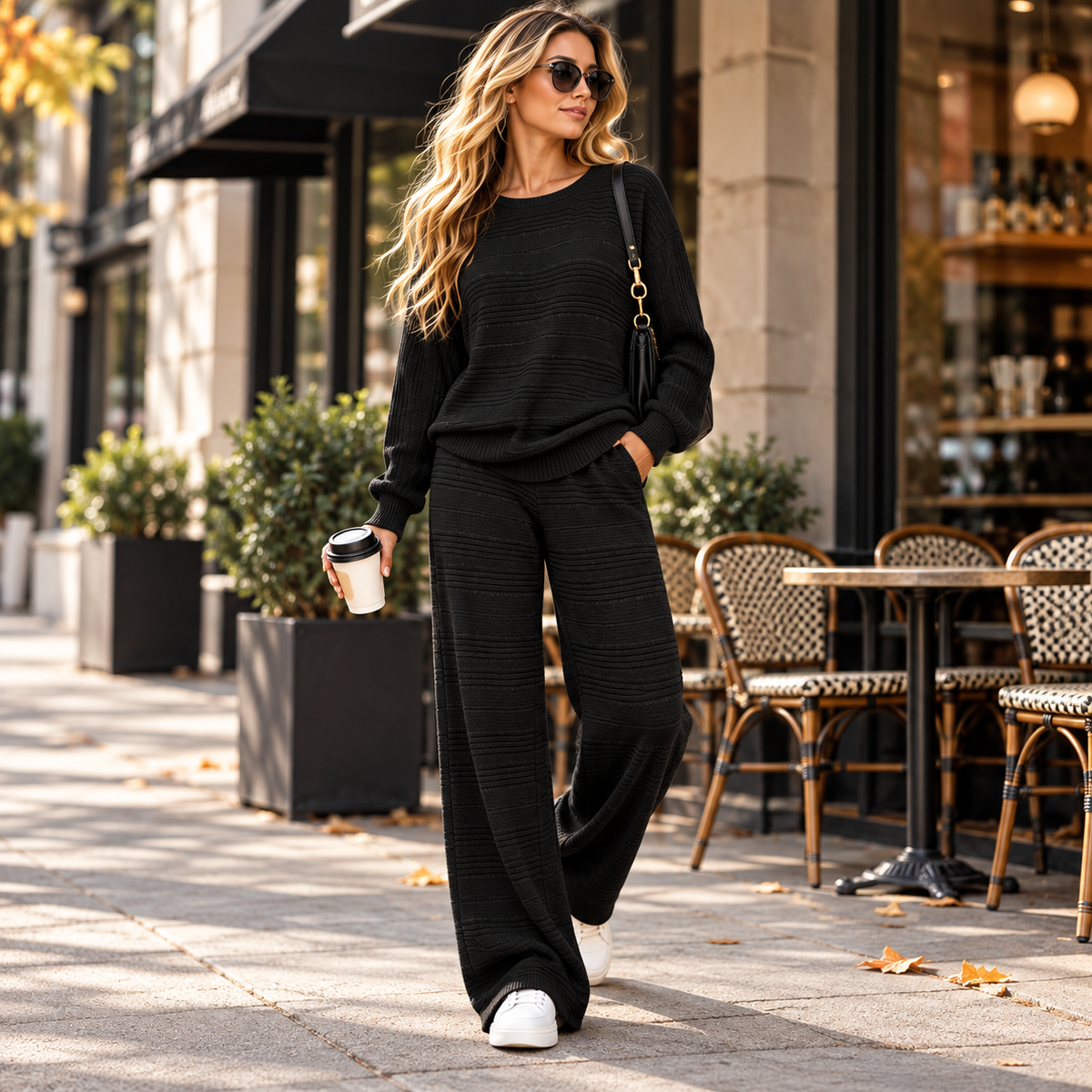 Women's Cozy Textured Knit Crew Neck Sweater and Wide Leg Pants Lounge Outfit