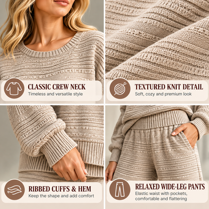 Women's Cozy Textured Knit Crew Neck Sweater and Wide Leg Pants Lounge Outfit